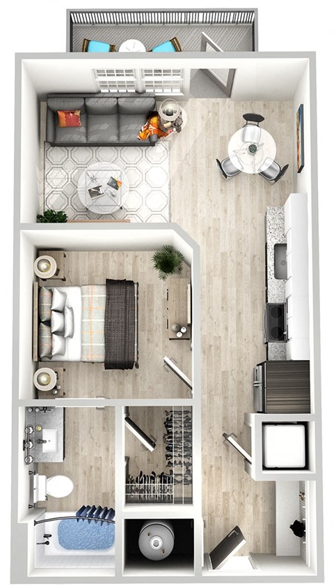 a bedroom floor plan with a bathroom and a living room